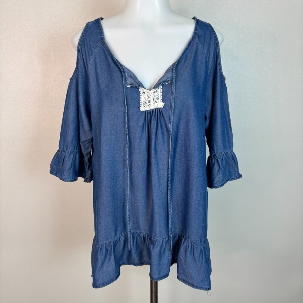 Absolutely Famous Top Small Blue Chambray Tie-Neck Cold Shoulder Ruffle‎ Blouse